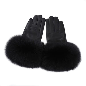 Gants Femme En Cuir Luxueux Fourrure Noir - Acheter Parapluie