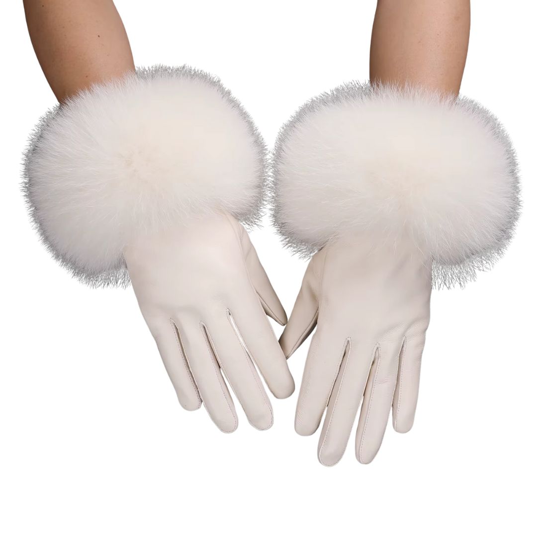 Gants Femme En Cuir Luxueux Fourrure Blanc - Acheter Parapluie