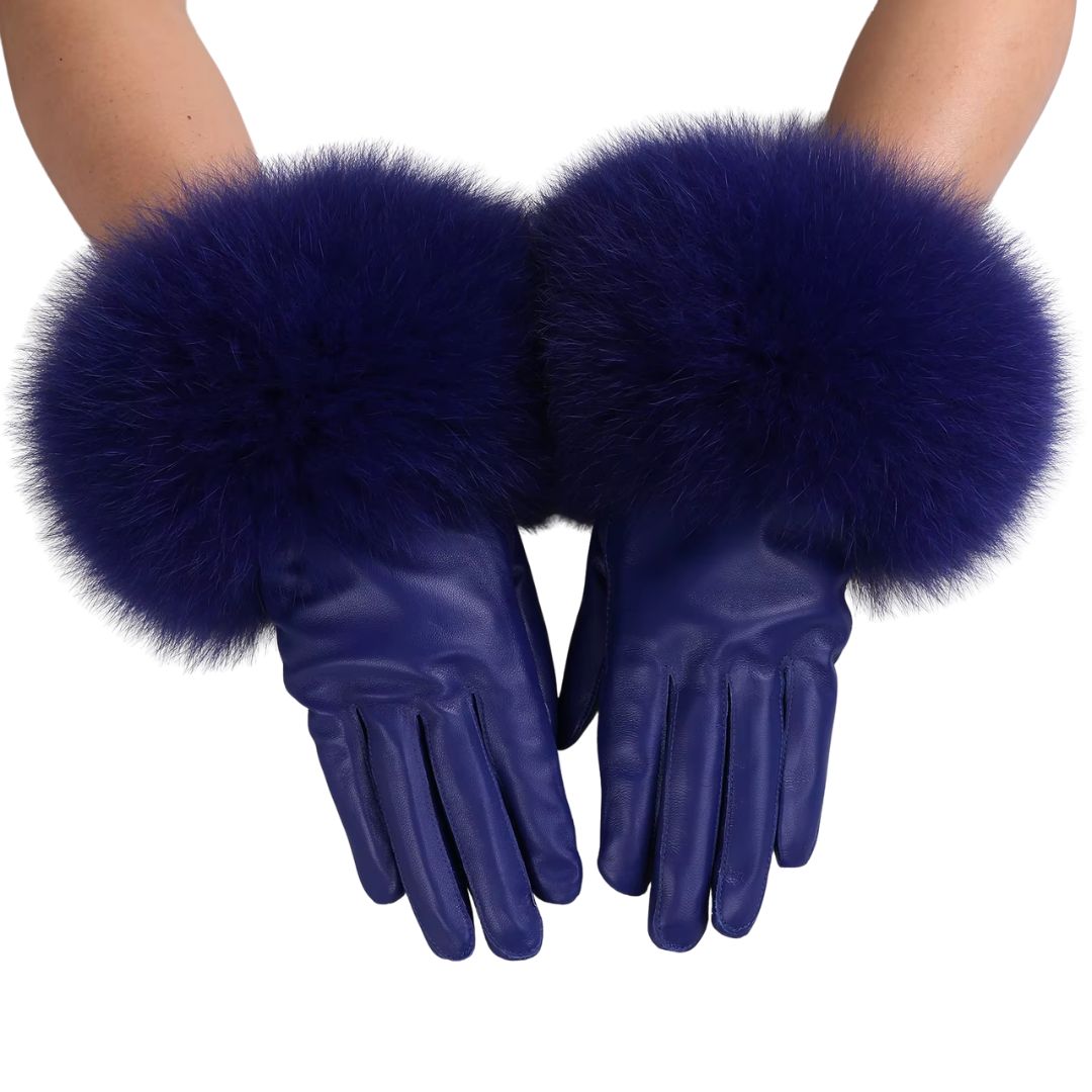 Gants Femme En Cuir Luxueux Fourrure Bleu - Acheter Parapluie