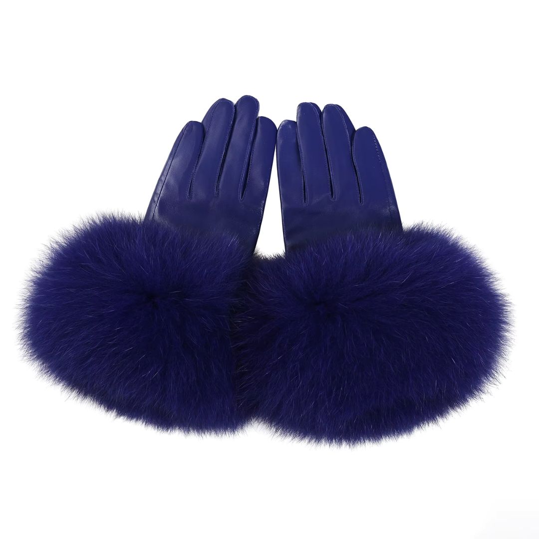Gants Femme En Cuir Luxueux Fourrure Bleu - Acheter Parapluie