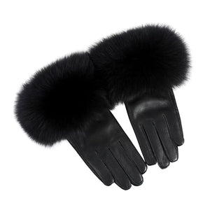Gants Femme En Cuir Luxueux Fourrure Noir - Acheter Parapluie